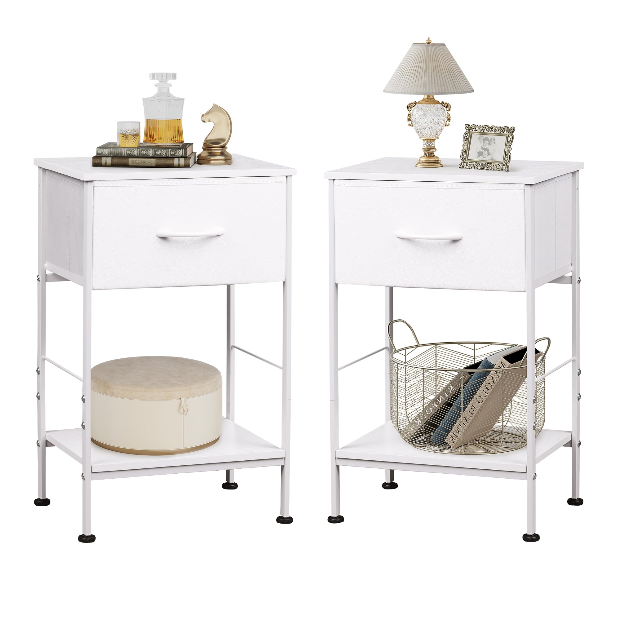 Wlive Night Stand Set 2, White Nightstand With Fabric Storage Drawer And Open Wood Shelf, End Tables Dresser For Bedroom, Bed Side Table, Dorm, 25.03' Height